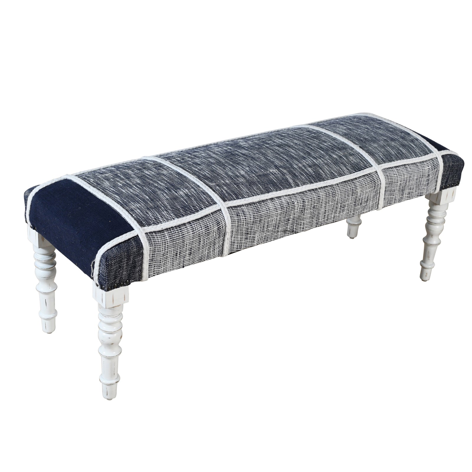 Easton Farmhouse Navy Blue/White Tartan/Plaid Cotton Rope/Cord Trim Accent Bench