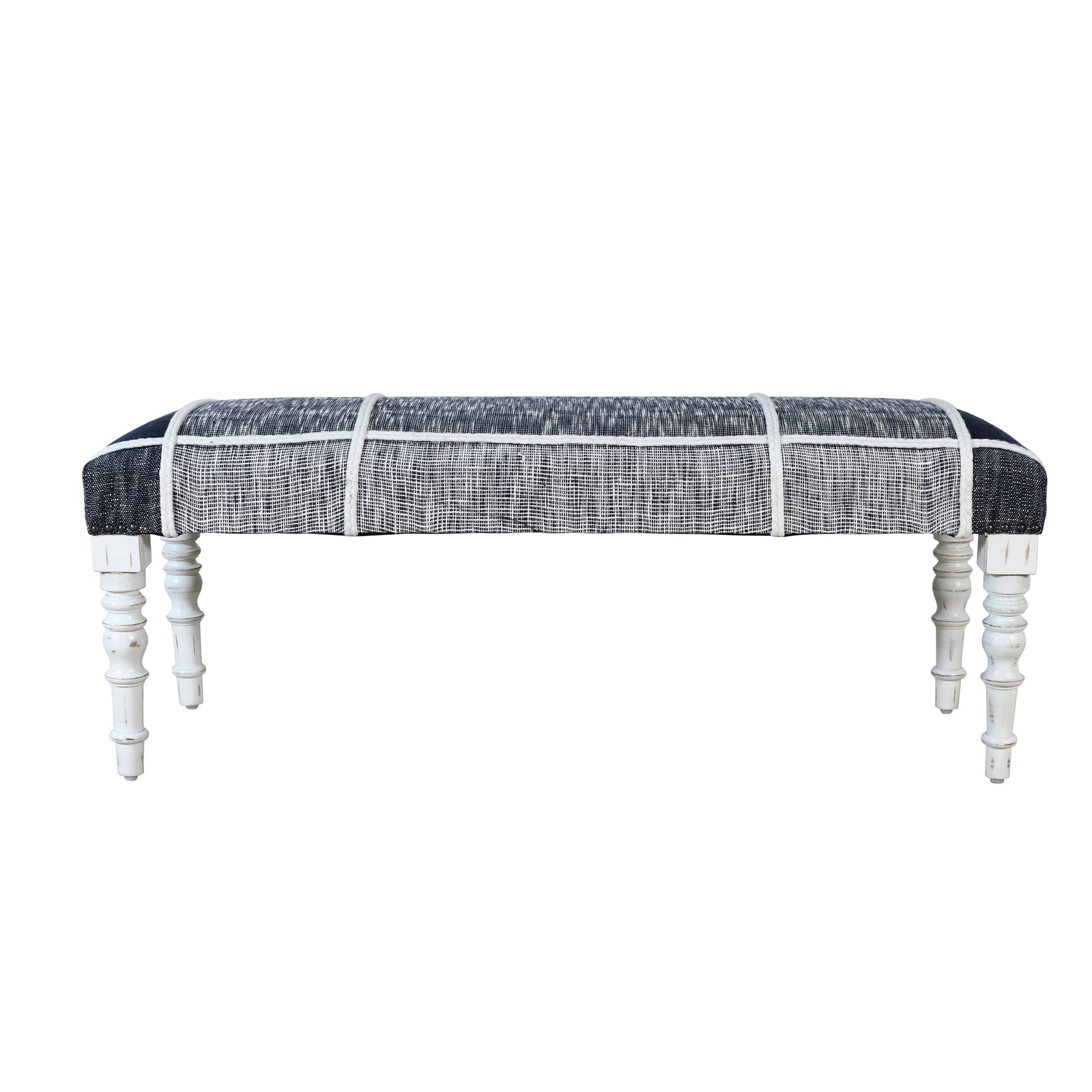Easton Farmhouse Navy Blue/White Tartan/Plaid Cotton Rope/Cord Trim Accent Bench