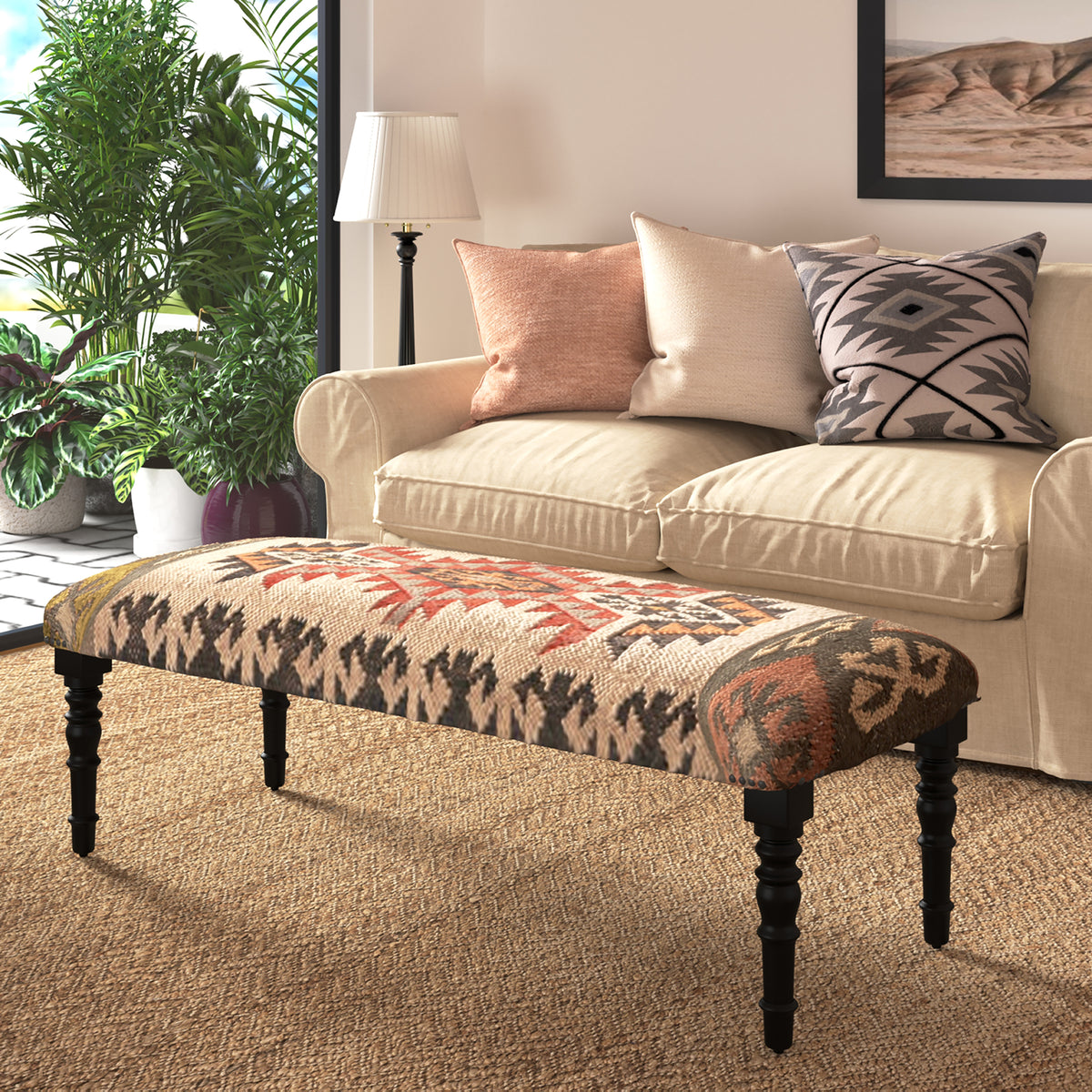 Eden Southwestern Beige/Multi Kilim Jute Blend Upholstered Accent Bench