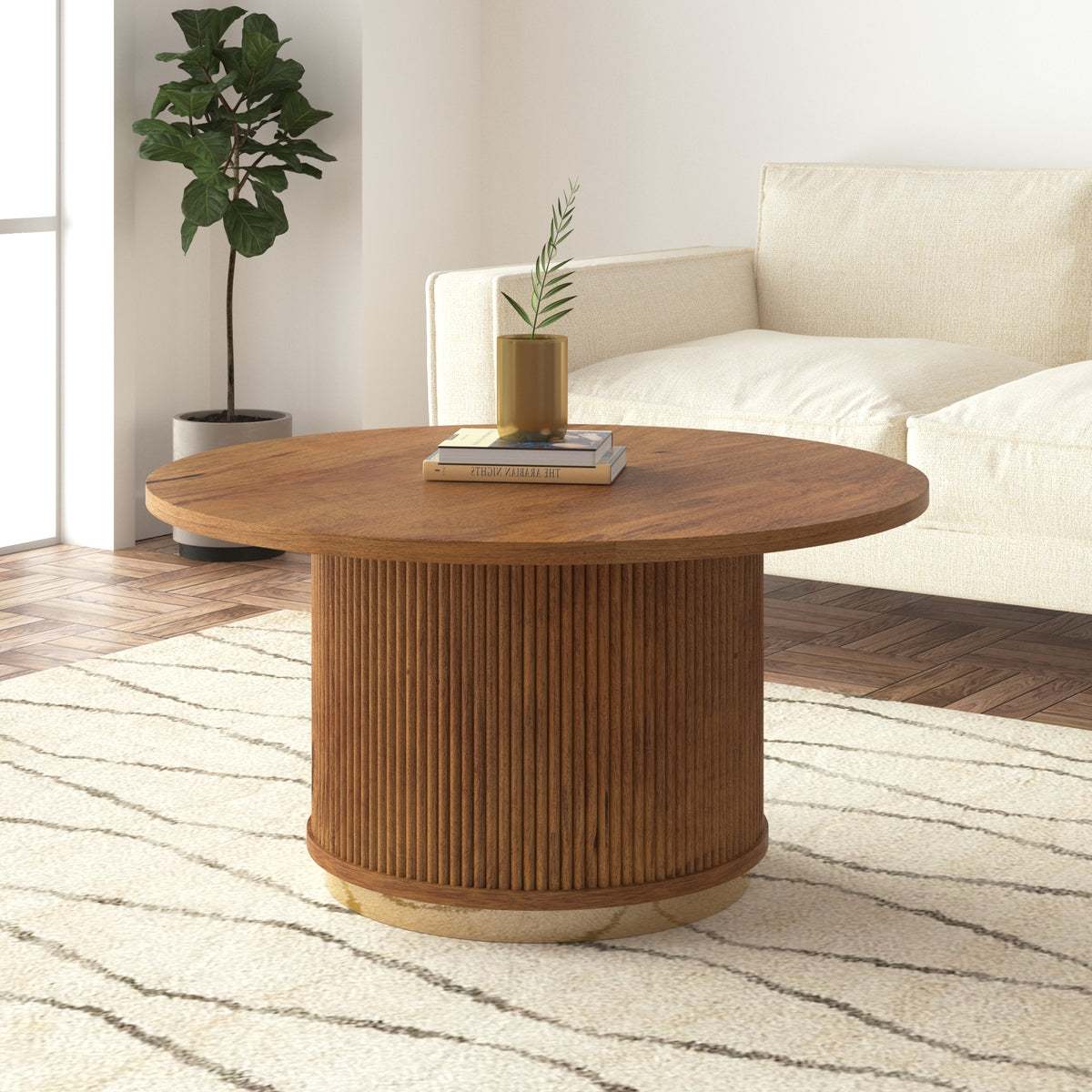 Bella Handmade Transitional Brown Wood Round Coffee Table