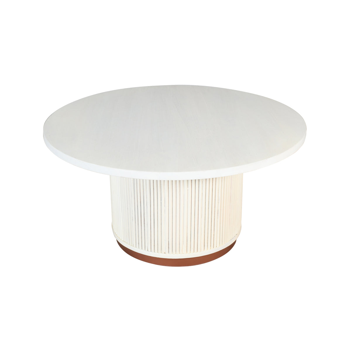 Distressed White/Bronze Fluted Wood/Metal Round Storage Coffee Table