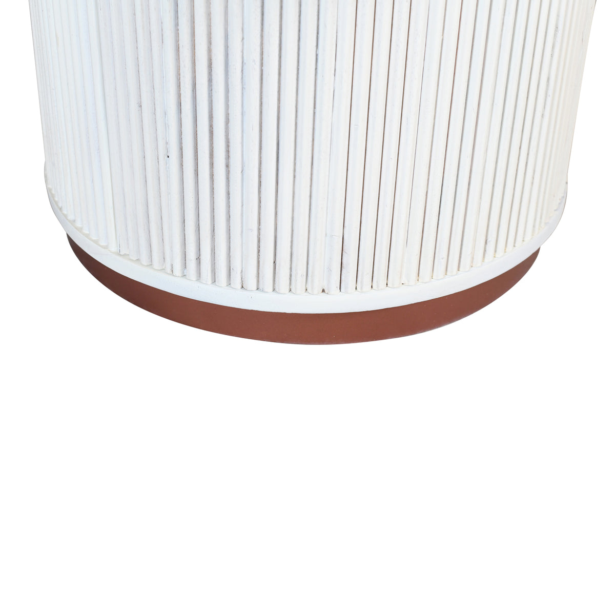 Distressed White/Bronze Fluted Wood/Metal Round Storage Coffee Table