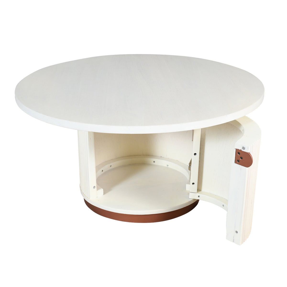 Distressed White/Bronze Fluted Wood/Metal Round Storage Coffee Table