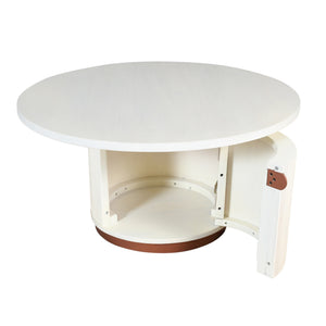 Distressed White/Bronze Fluted Wood/Metal Round Storage Coffee Table