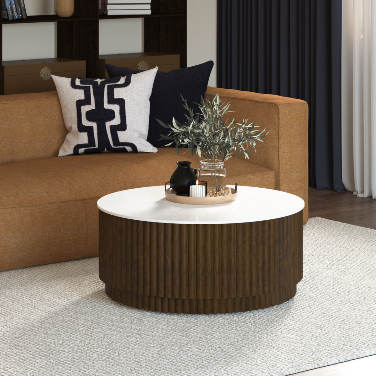 Gabriella Handmade Fluted Brown/White Marble Round Coffee Table