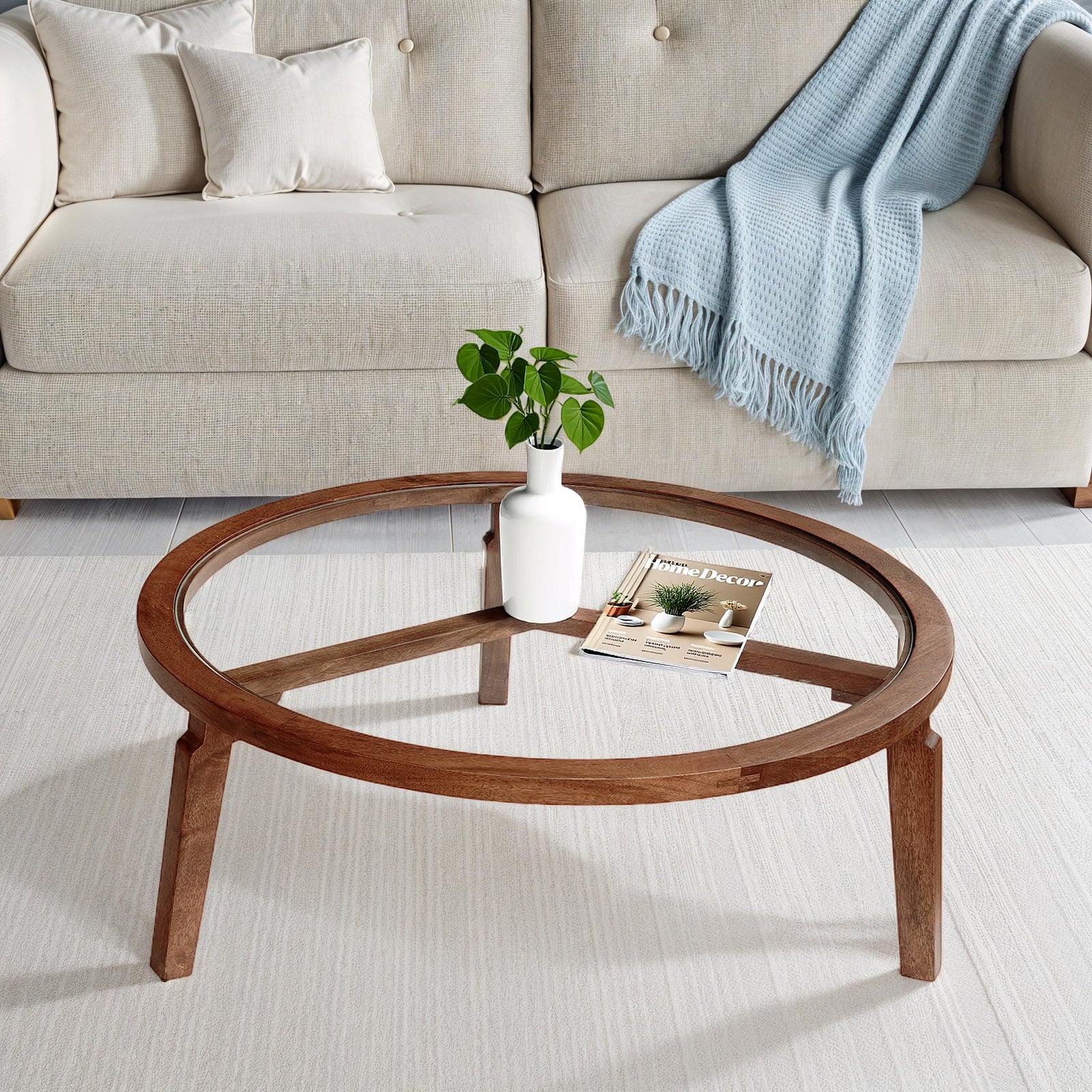 Transitional Solid Hand-Made Mango Wood/Glass Round Coffee Table