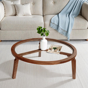 Transitional Solid Hand-Made Mango Wood/Glass Round Coffee Table