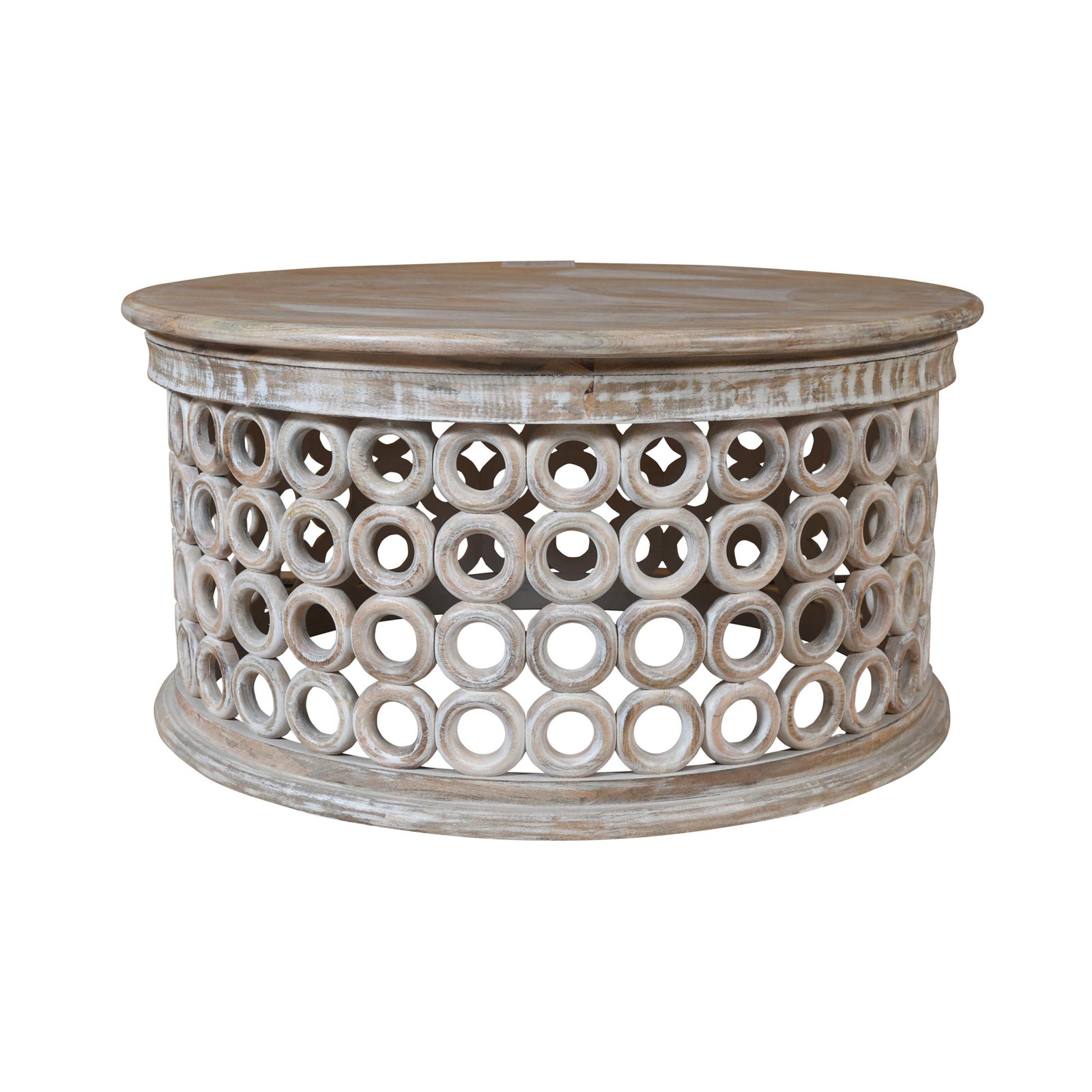 Everett Handmade Contemporary Whitewashed Brown Hard Wood Round Coffee Table