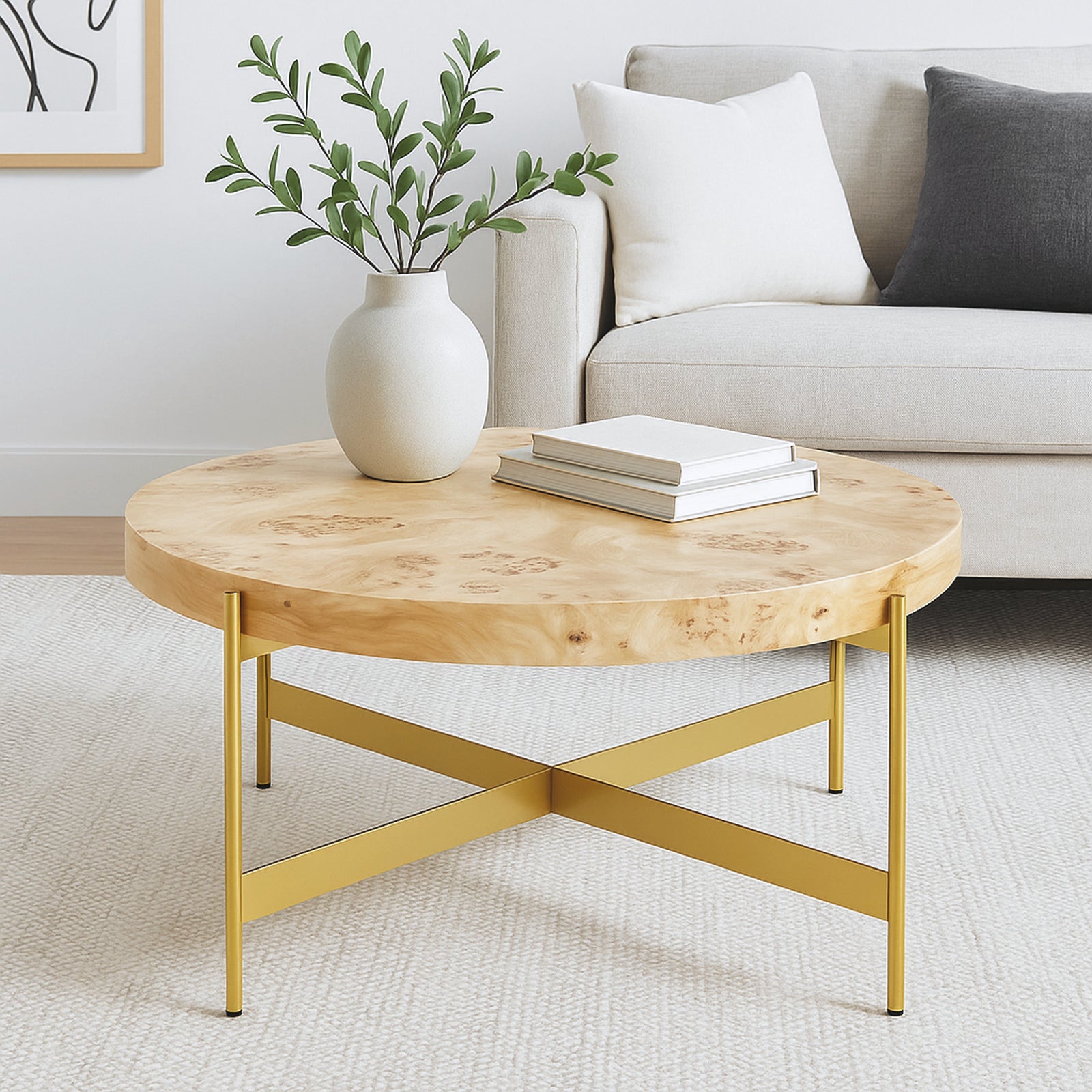 Eliana Handmade Transitional Natural/Gold Burl Wood Round Coffee Table