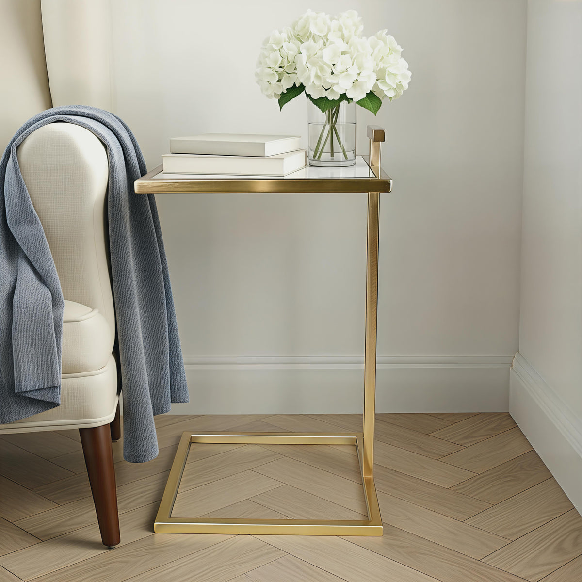 Theodore Glam Glass and Metal Square C-Shaped Side Table