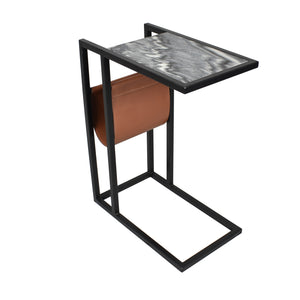 Emmeline Contemporary Marble and Leather Rectangular C-Shaped Side Table