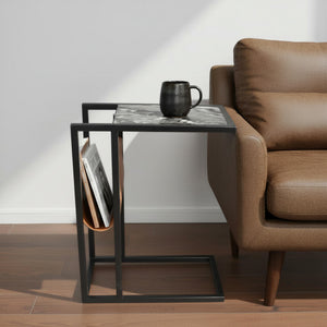 Emmeline Contemporary Marble and Leather Rectangular C-Shaped Side Table