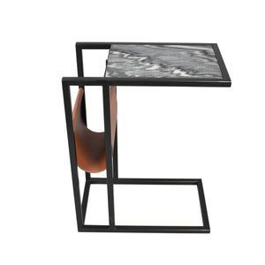 Emmeline Contemporary Marble and Leather Rectangular C-Shaped Side Table
