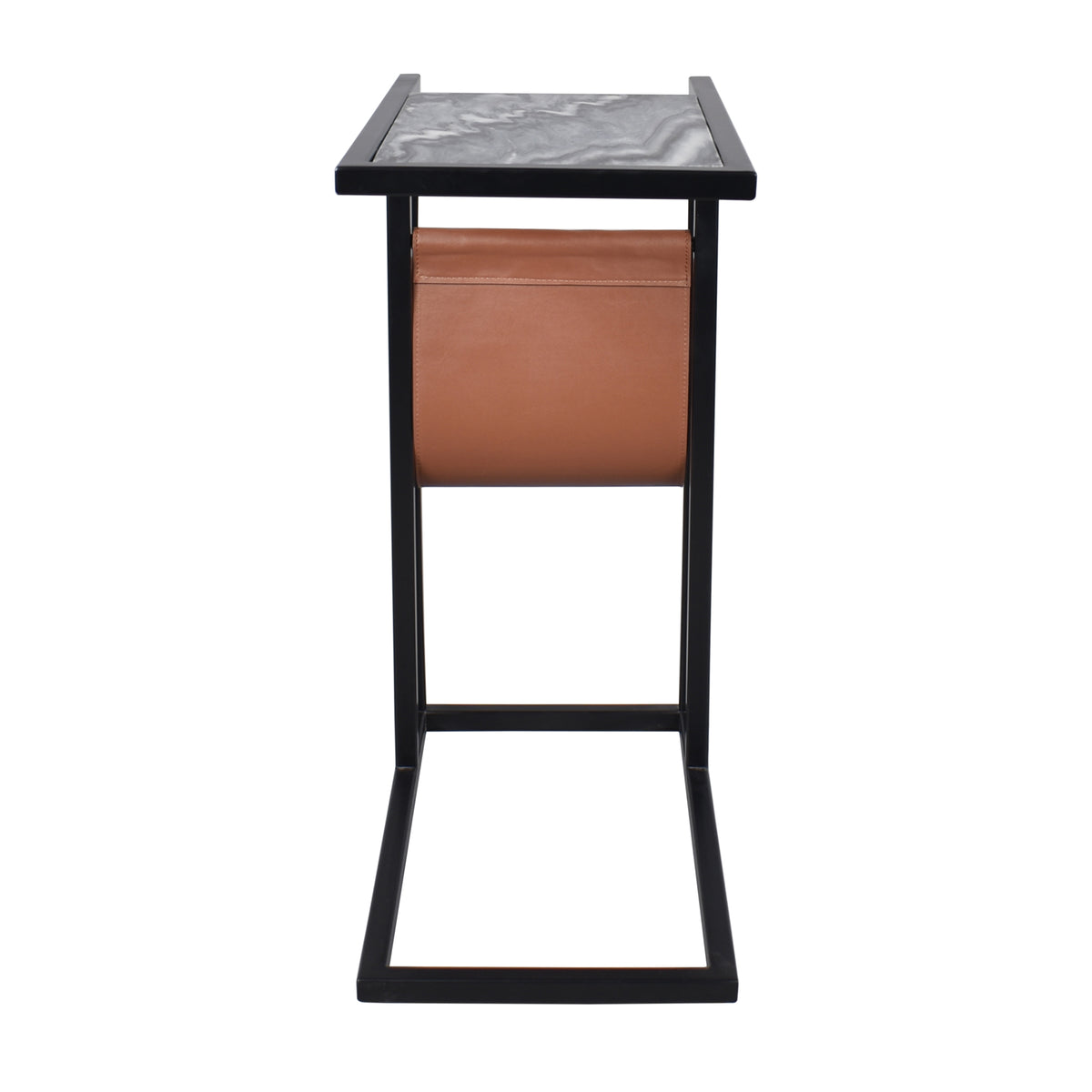 Emmeline Contemporary Marble and Leather Rectangular C-Shaped Side Table