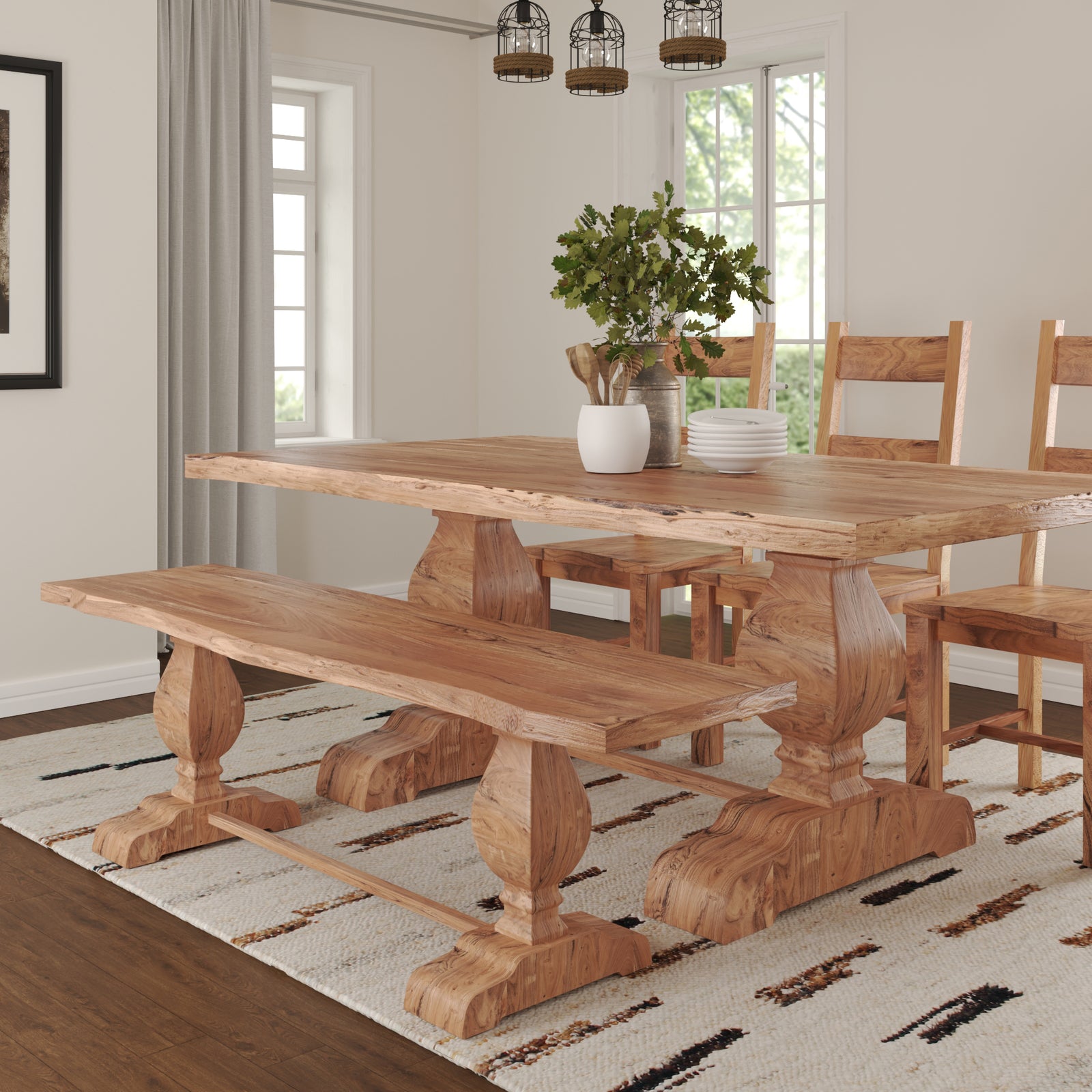Hartford Farmhouse Natural Brown Hard Wood Live Edge Dining Bench