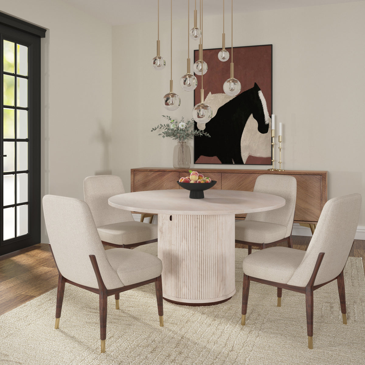 Bella Handmade Transitional Distressed White / Brass Wood Round Dining Table