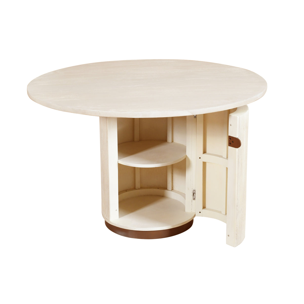 Bella Handmade Transitional Distressed White / Brass Wood Round Dining Table