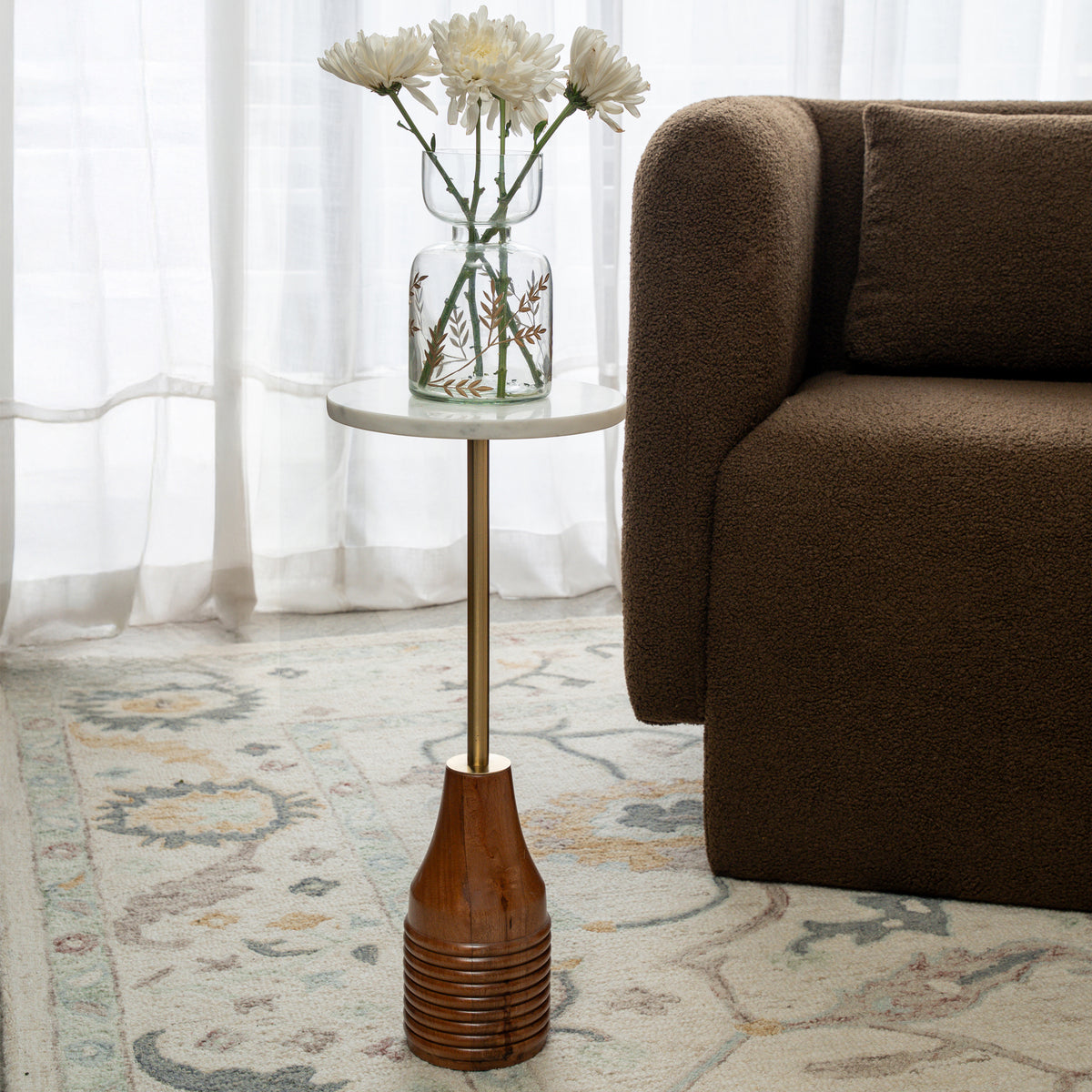 Henry Handmade Transitional Marble and Wood Drink Table, White/Gold
