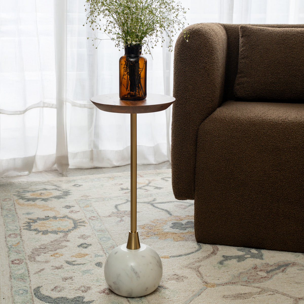 Hudson Handmade Transitional Marble and Wood Drink Table, Brown/Ivory