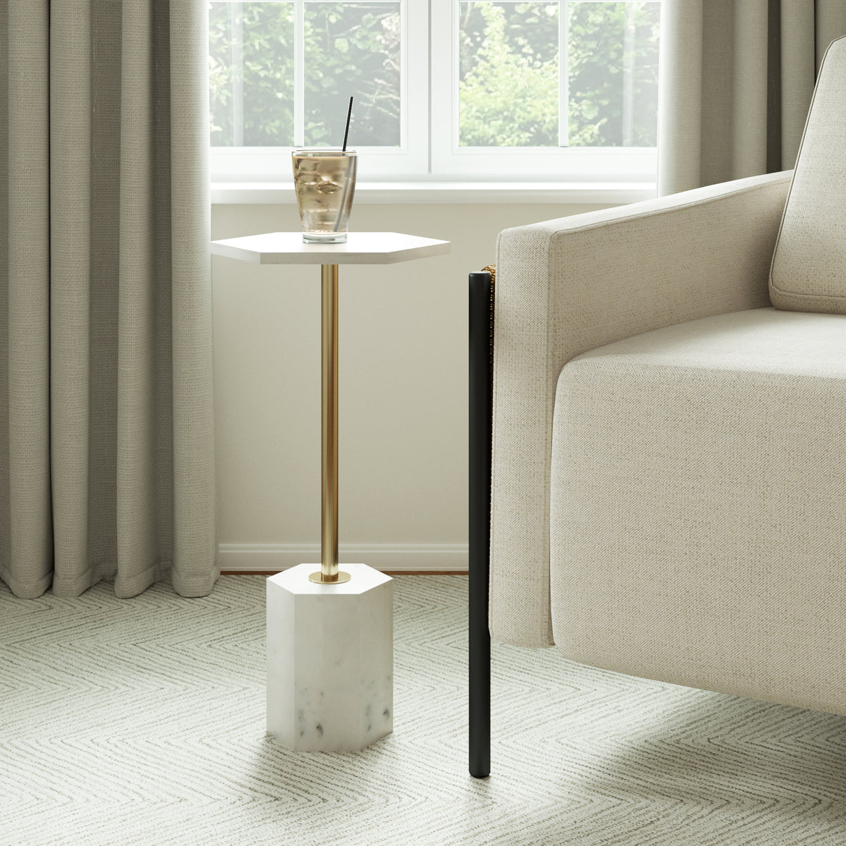 Iris Handmade Transitional Marble and Metal Drink Table, Gold/White