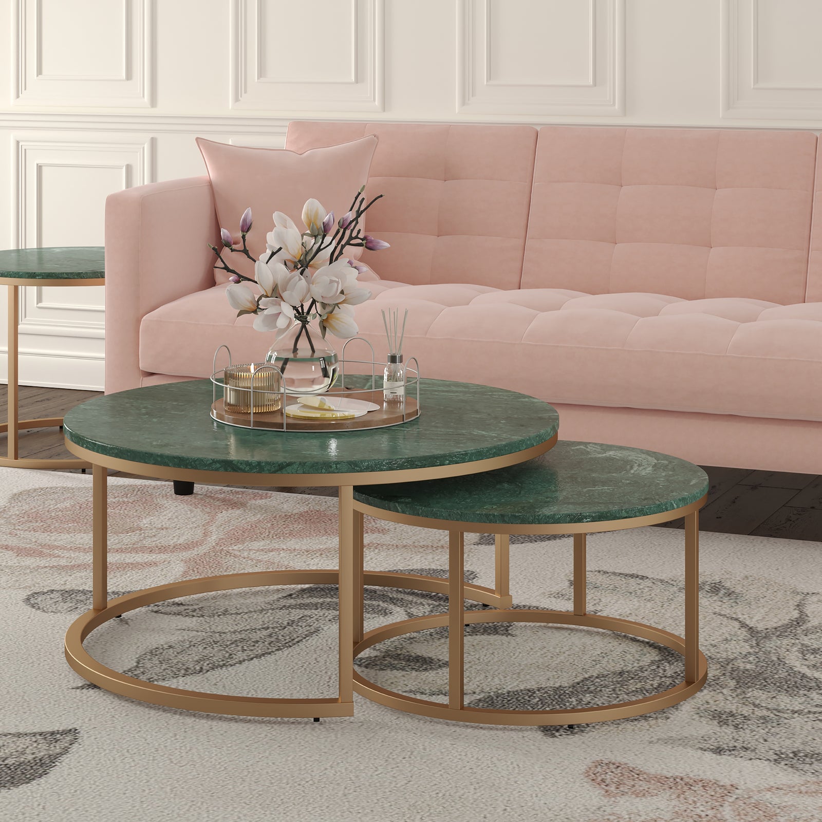 Charlie Green Marble Nesting Set of Two Round Handmade Coffee Table