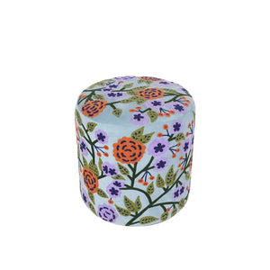 Dahlia Contemporary Embroidered Velvet Ottoman, Blue/Multi