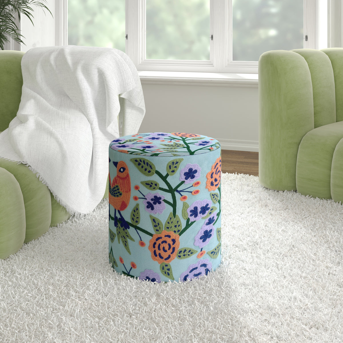 Dahlia Contemporary Embroidered Velvet Ottoman, Blue/Multi