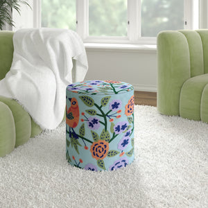 Dahlia Contemporary Embroidered Velvet Ottoman, Blue/Multi