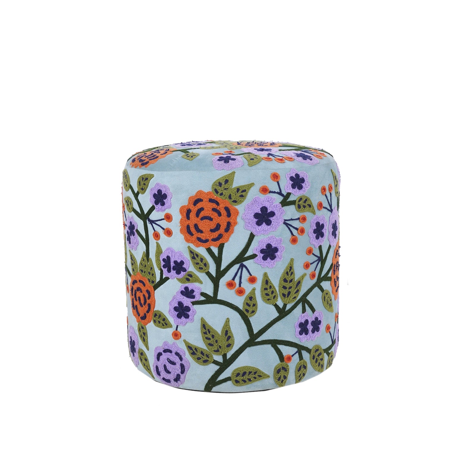 Dahlia Contemporary Embroidered Velvet Ottoman, Blue/Multi