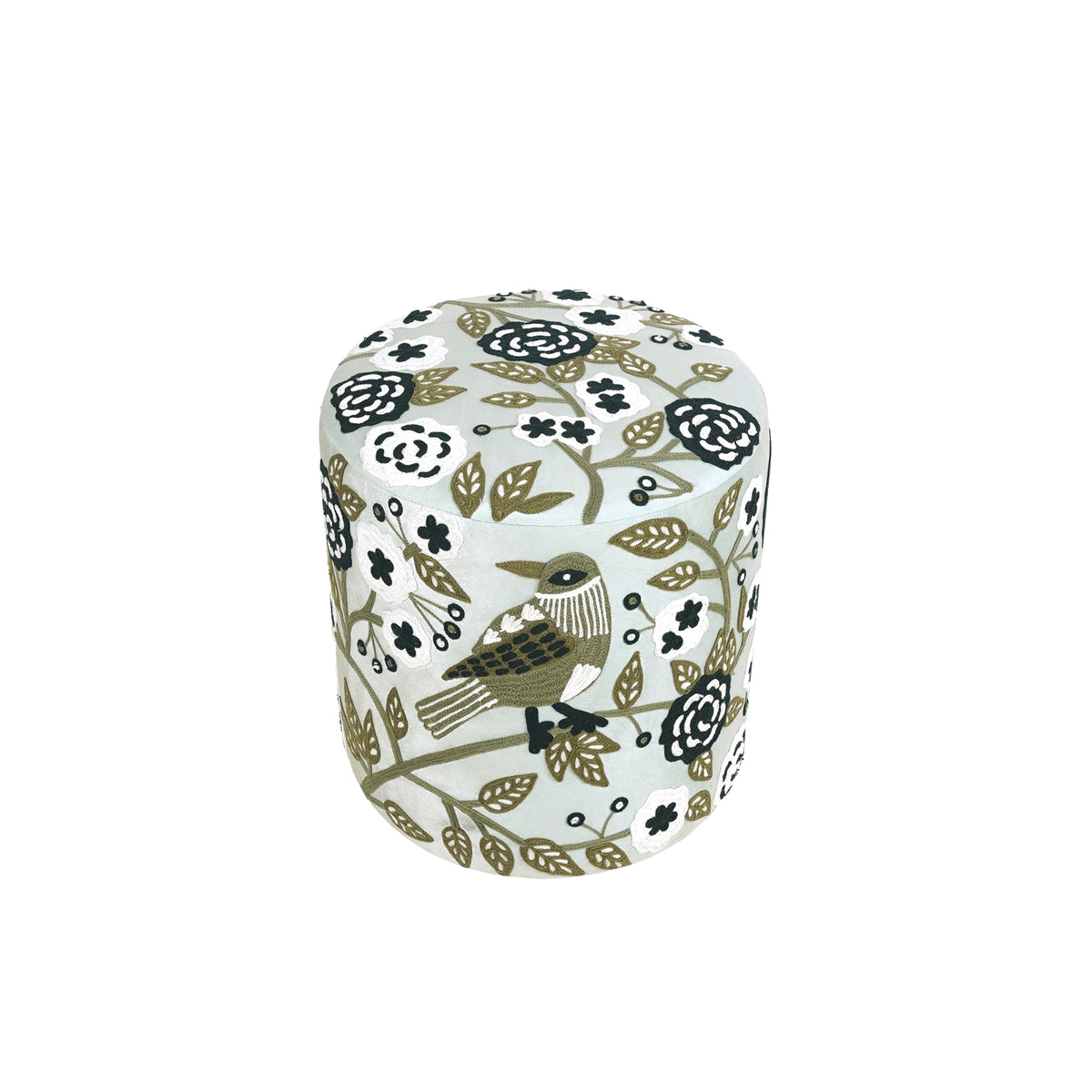 Dahlia Contemporary Embroidered Velvet Ottoman, Green-Ivory