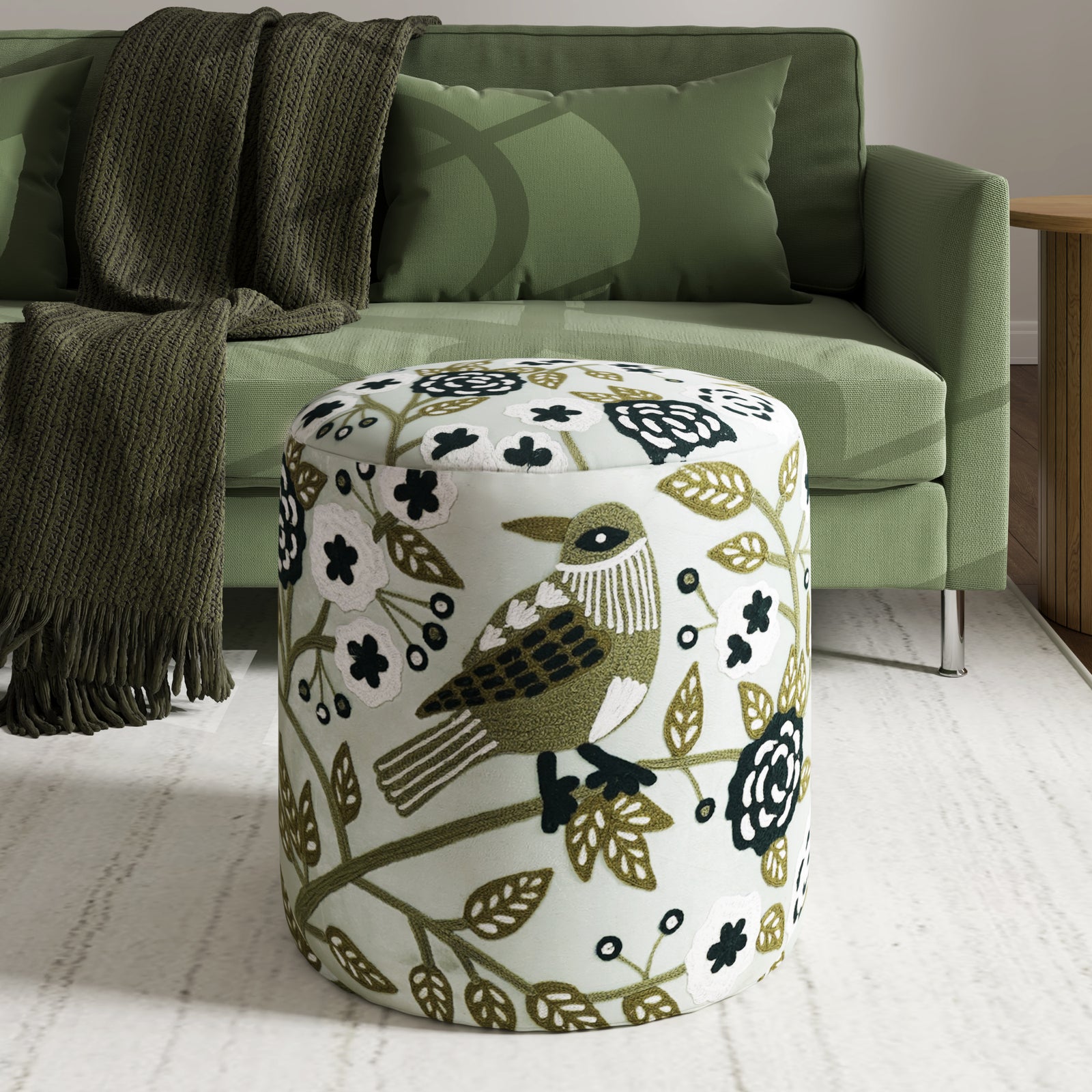 Dahlia Contemporary Embroidered Velvet Ottoman, Green-Ivory