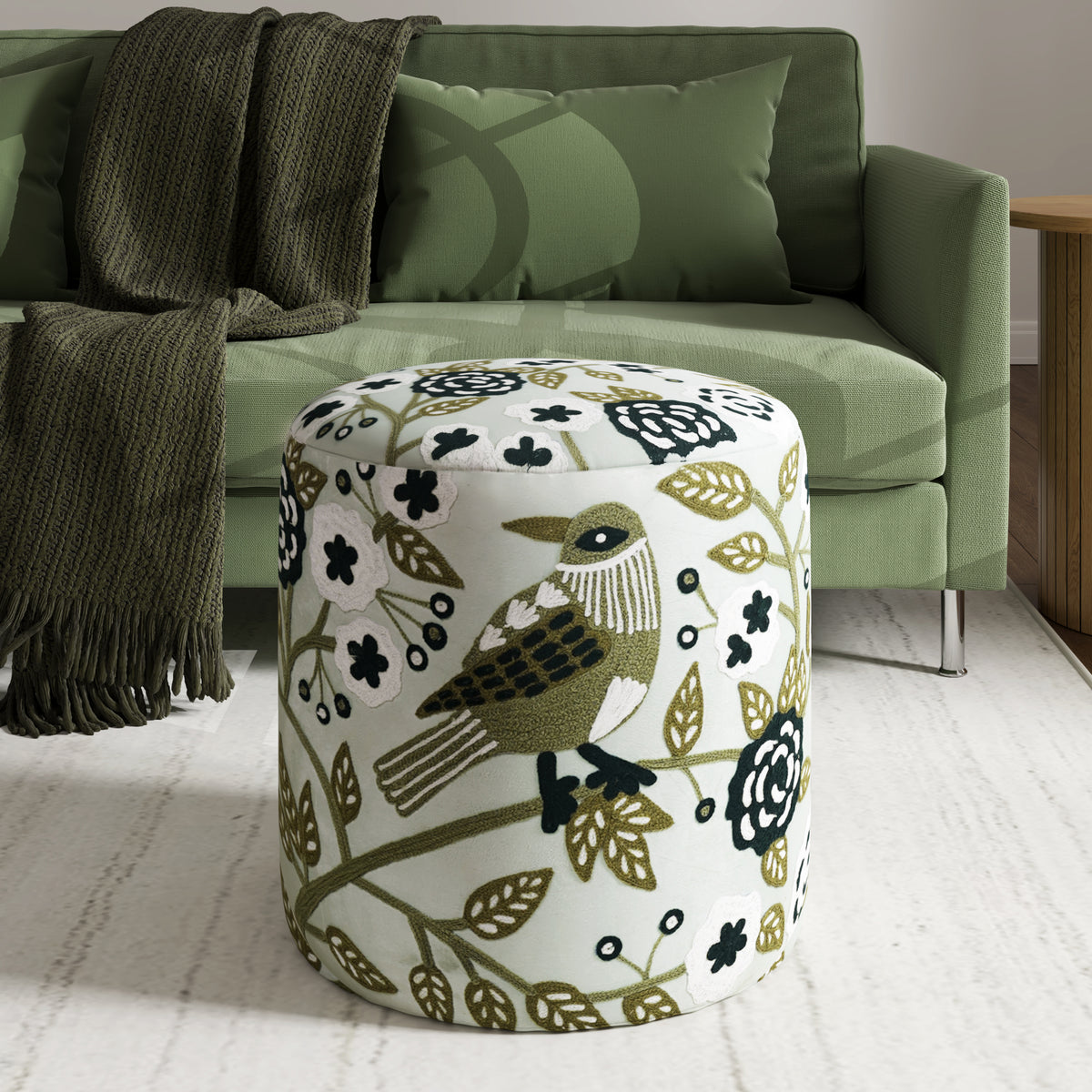 Dahlia Contemporary Embroidered Velvet Ottoman, Green-Ivory