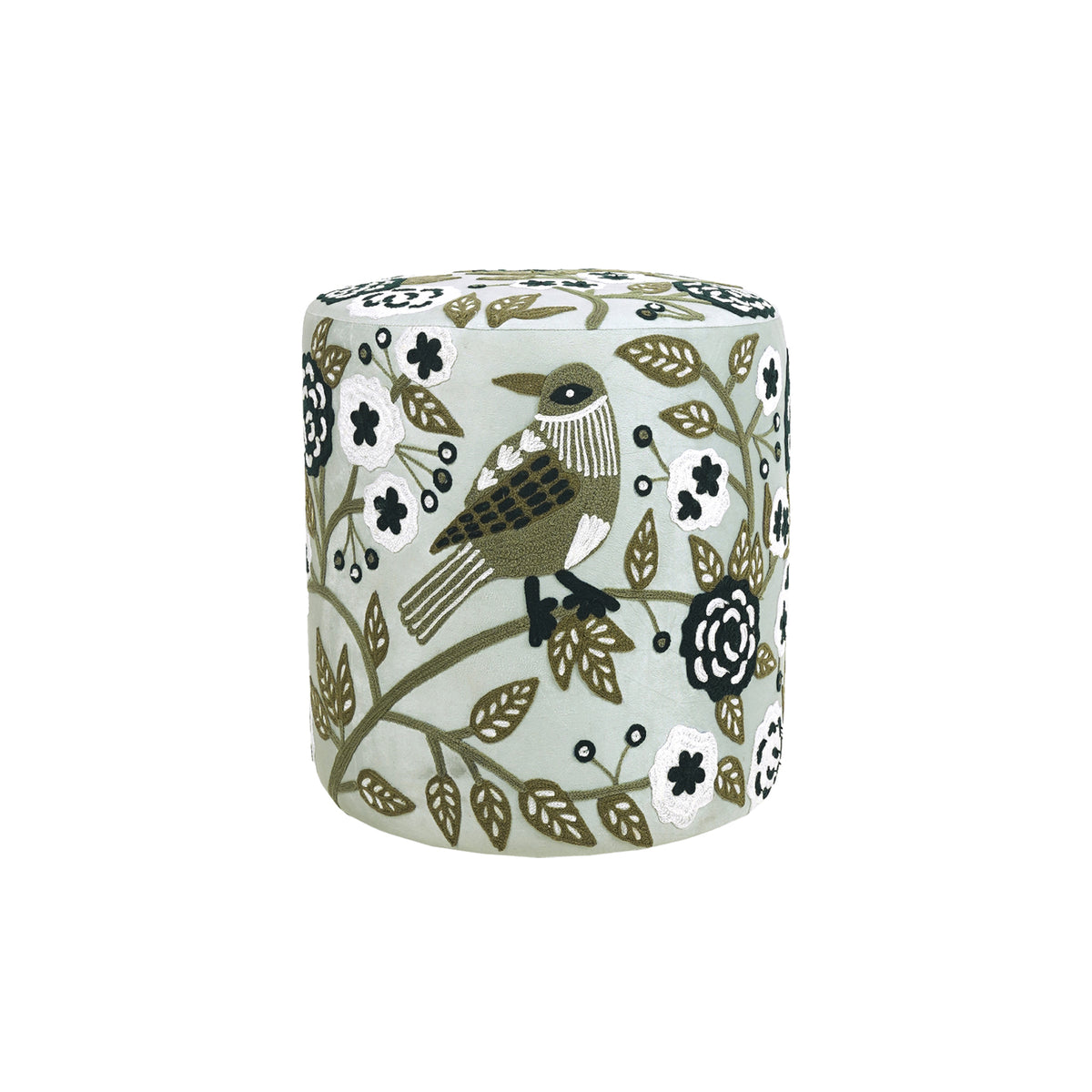Dahlia Contemporary Embroidered Velvet Ottoman, Green-Ivory