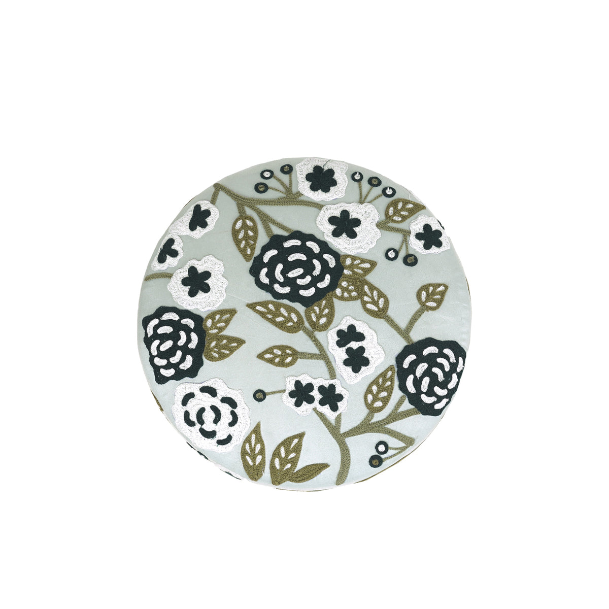 Dahlia Contemporary Embroidered Velvet Ottoman, Green-Ivory