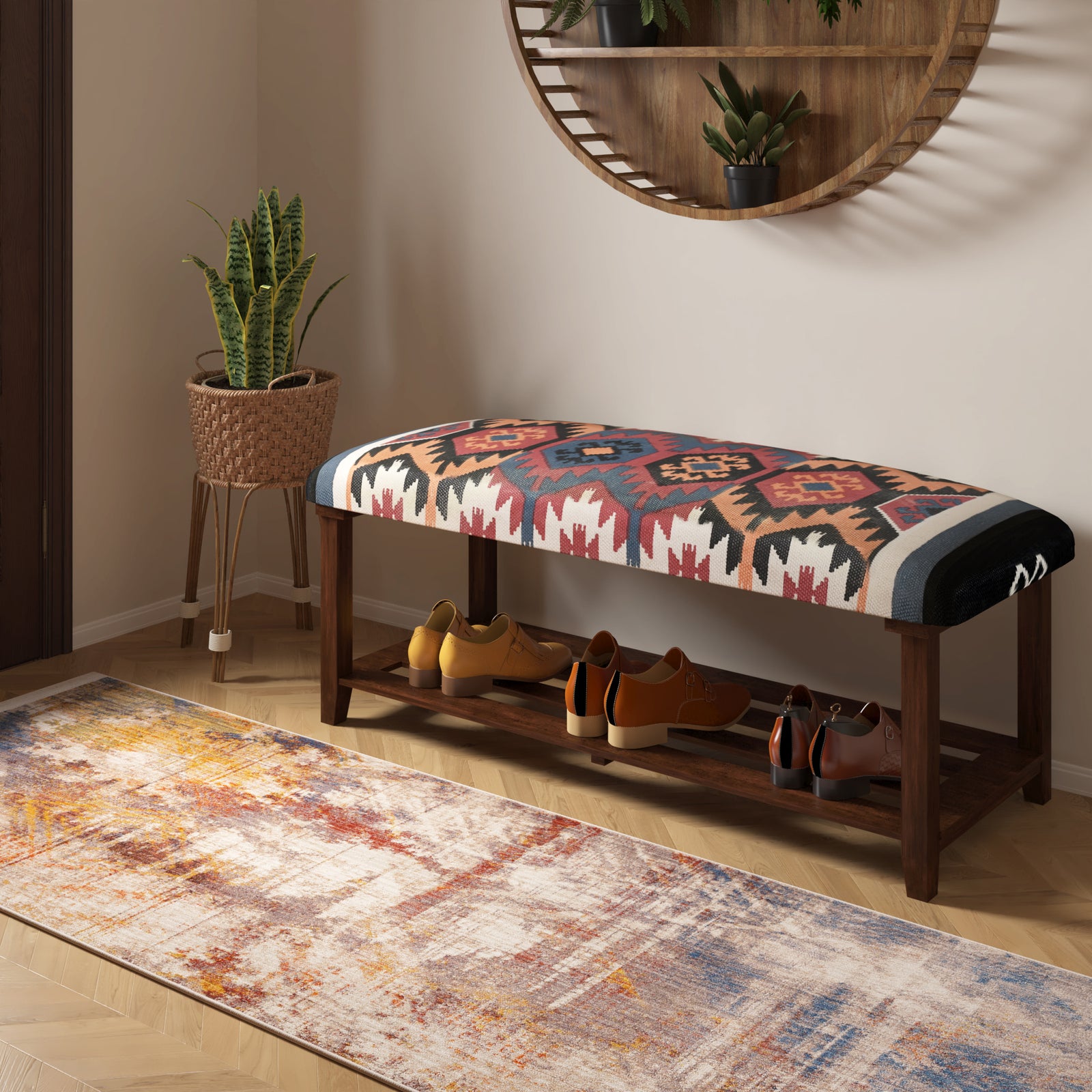 Southwestern Kilim Multicolored Kilim Cotton Upholstered Storage Bench