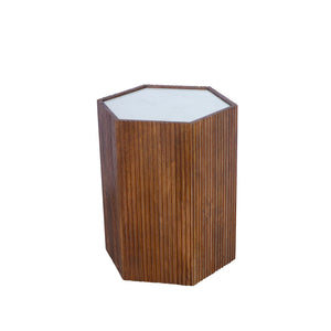Brown/White Modern Contemporary Mango Wood/Marble Hand-Made Indoor Hexagon Side Table