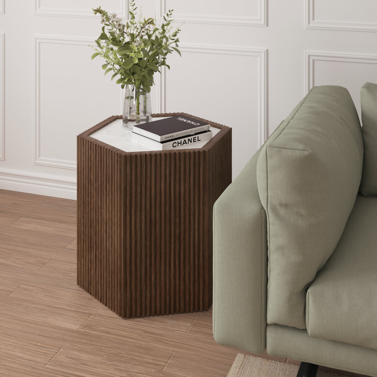 Brown/White Modern Contemporary Mango Wood/Marble Hand-Made Indoor Hexagon Side Table