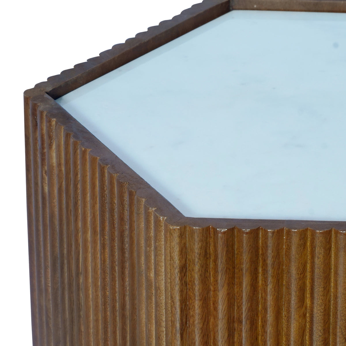Brown/White Modern Contemporary Mango Wood/Marble Hand-Made Indoor Hexagon Side Table
