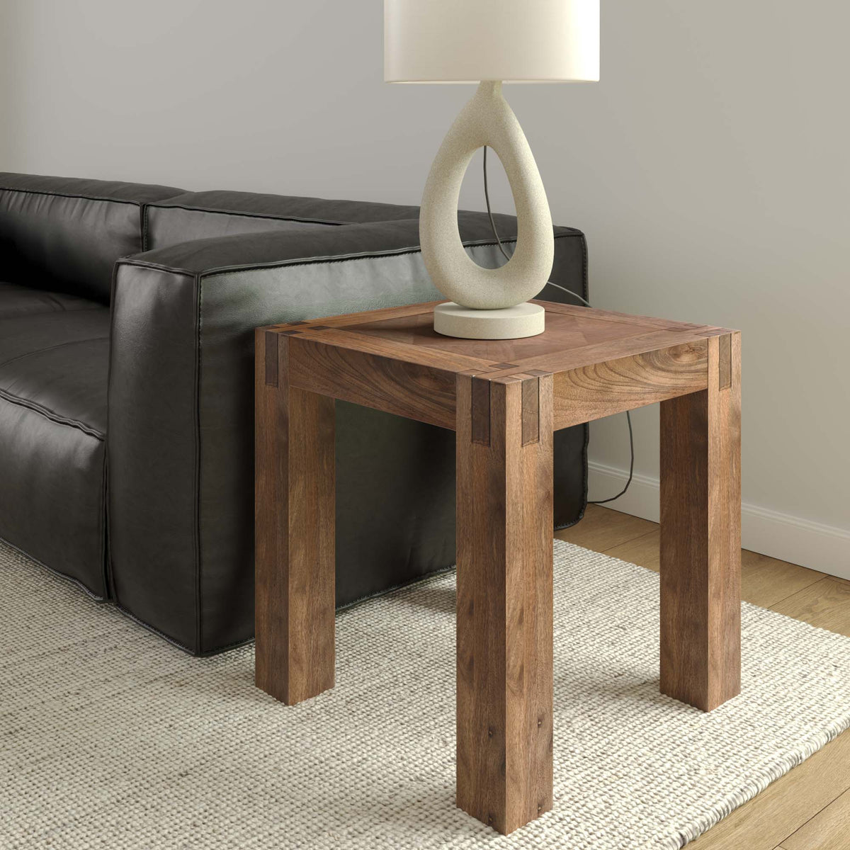 Brown Mid-Century Modern Geometric Hand-Made Mango Wood Square Side Table