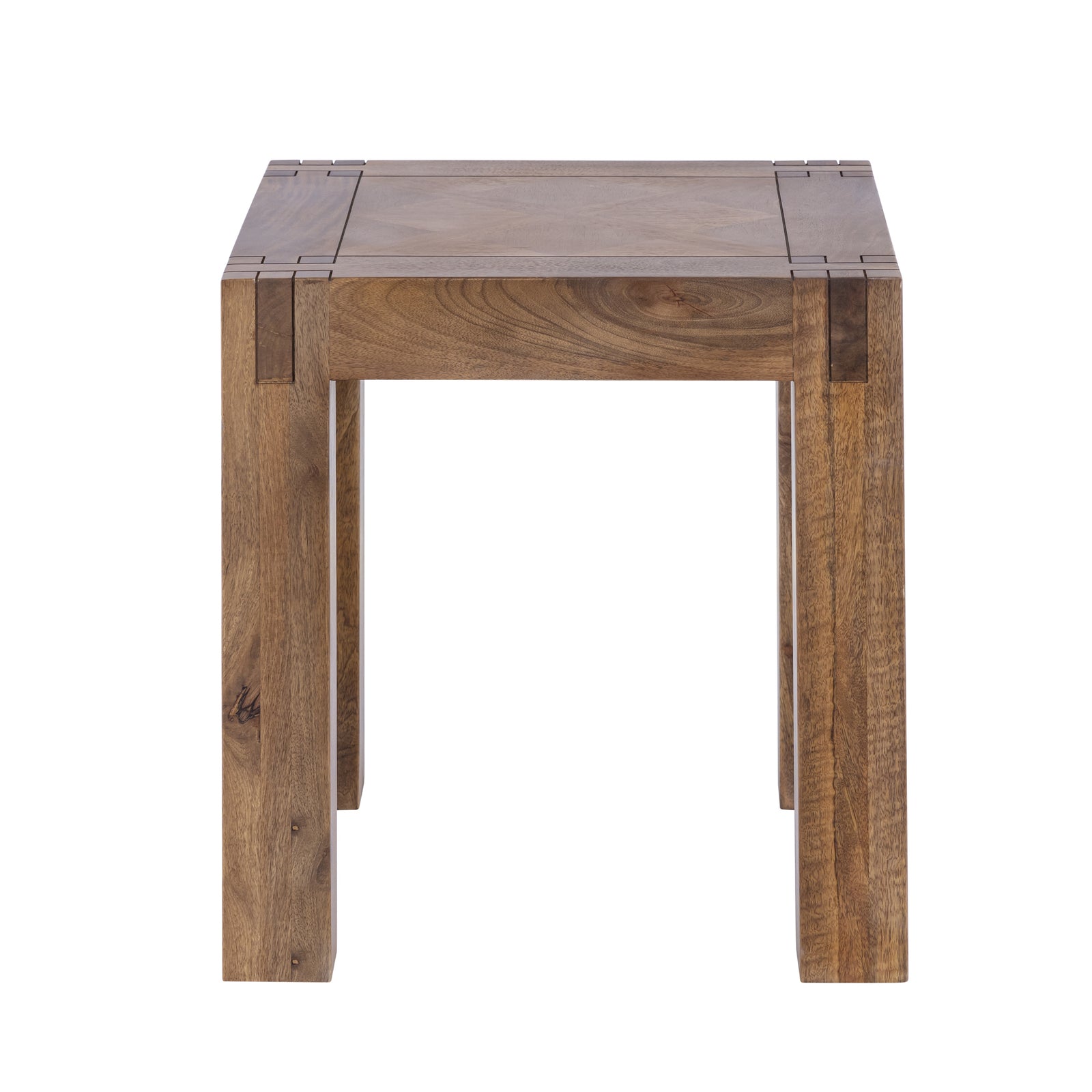Brown Mid-Century Modern Geometric Hand-Made Mango Wood Square Side Table