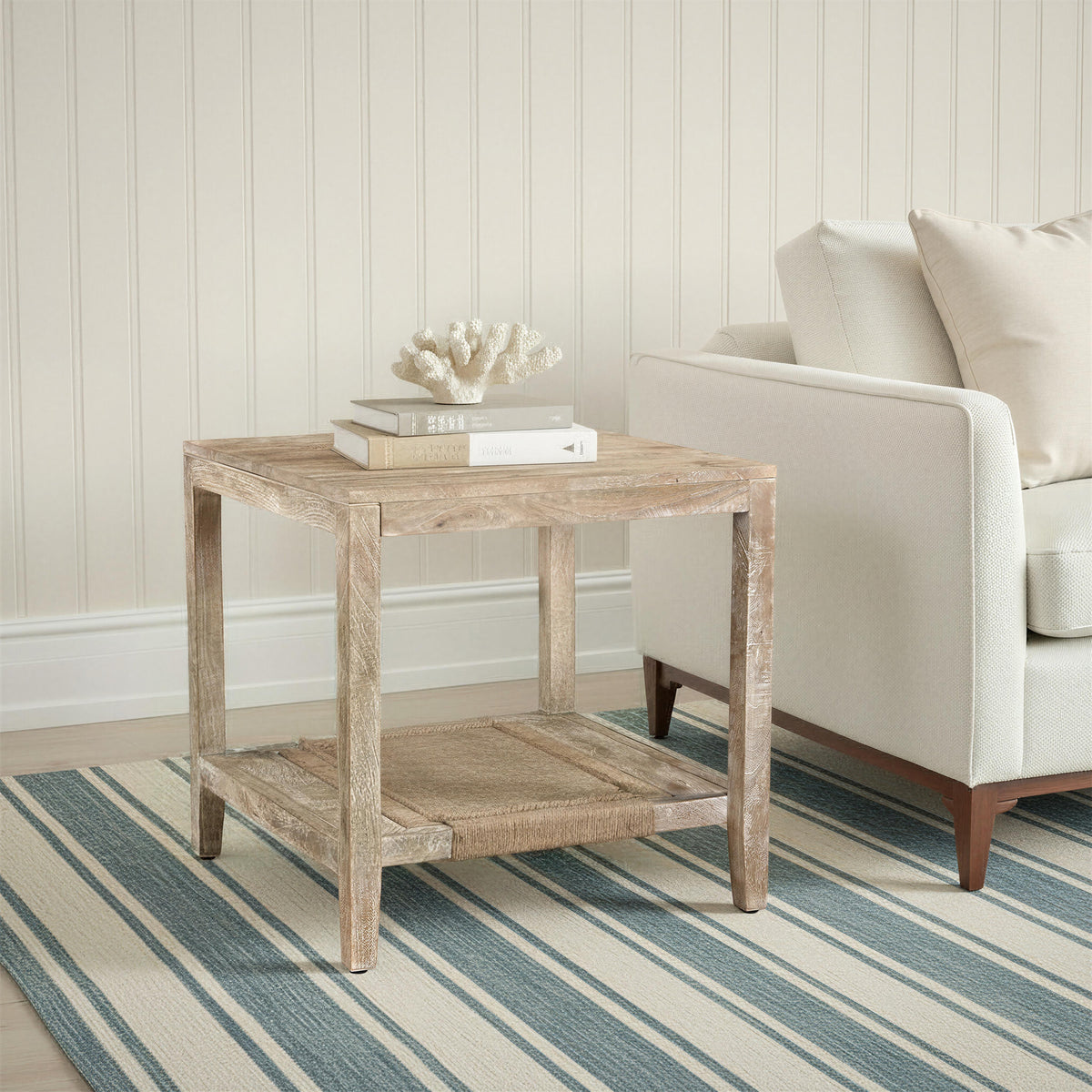 Wilfred Coastal Wood and Jute Storage Side Table, White Wash
