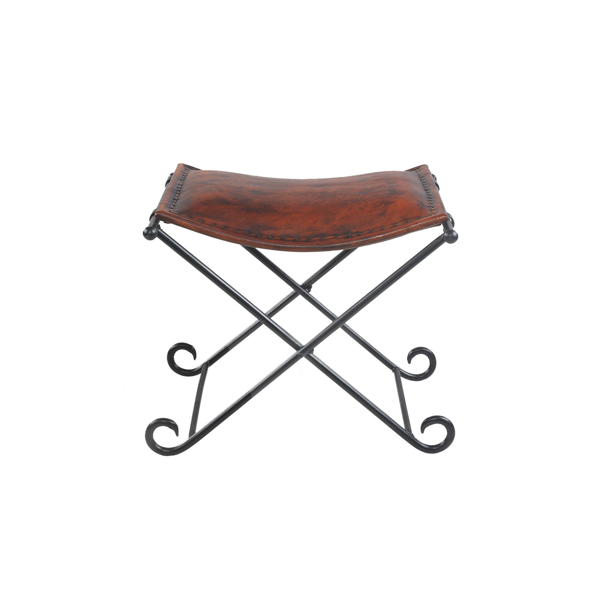 Theo Brown Leather Industrial Accent Stool with Iron Legs