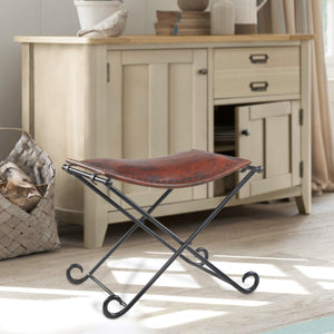 Theo Brown Leather Industrial Accent Stool with Iron Legs