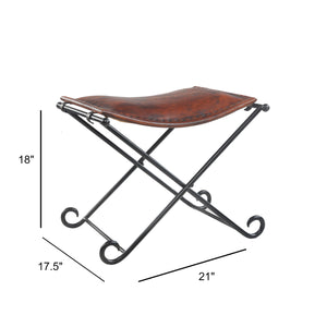 Theo Brown Leather Industrial Accent Stool with Iron Legs