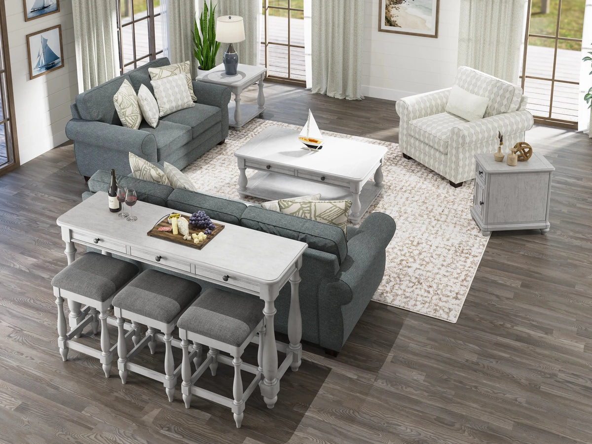 New Haven Sofa Table With Three Stools Oyster Shell