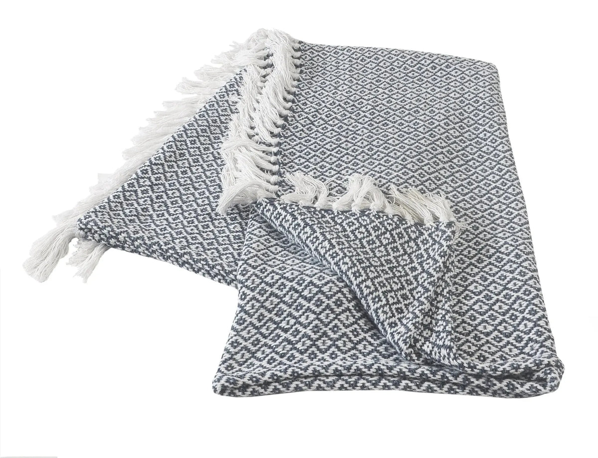 Blue and Ivory Diamonds Fringe LR80180 Throw Blanket