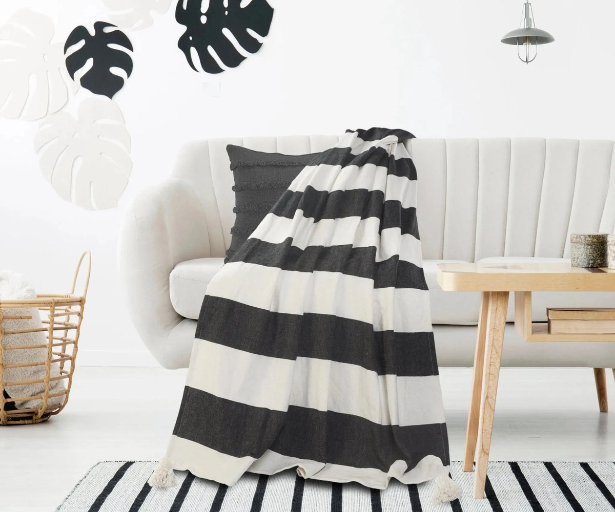 Charcoal and Ivory Bold Stripe Tasseled LR80179 Throw Blanket