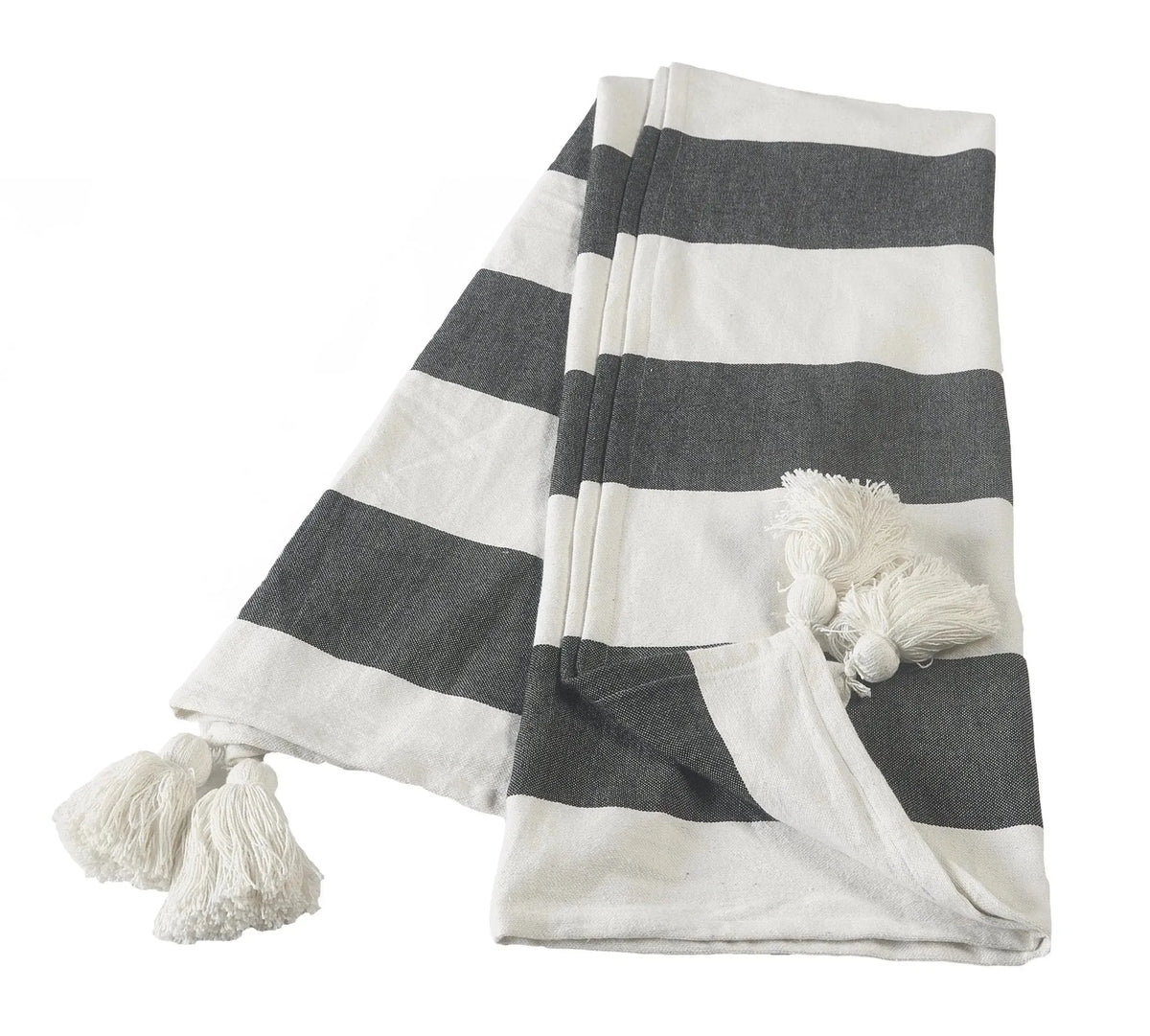 Charcoal and Ivory Bold Stripe Tasseled LR80179 Throw Blanket
