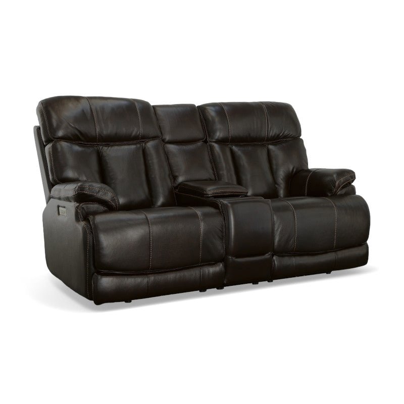 Clive Leather Power Reclining Loveseat with Console, Power Headrests & Lumbar - Rug & Home