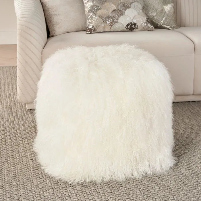 Nourison Rugs Mina Victory Couture Fur PR101 Tibetan Lamb Pouf White Pouf